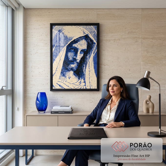 Quadro Decorativo Retrato Feminino em Pixel Art Azul e Bege | quadros decorativos | retrato feminino de véu em textura pixelada azul e preta com olhos azuis vivos | em Quadros para Escritorio | Porao dos Quadros