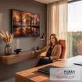 Quadro Decorativo Grande Árvores Refletidas para Sala | quadros decorativos | árvores sem folhas refletidas em rio calmo sob céu laranja de pôr do sol com névoa | em ambiente 2 | Porao dos Quadros