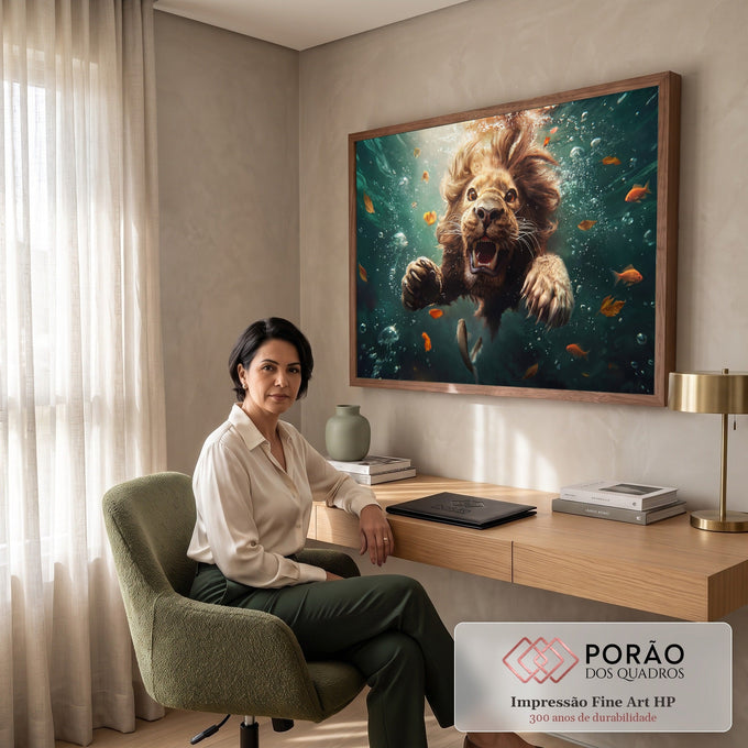 Quadro Decorativo Grande Leão Nadando Verde para Sala | quadros decorativos | leão rugindo nadando debaixo d'água cercado de bolhas, folhas e peixes laranja | em ambiente 2 | Porao dos Quadros