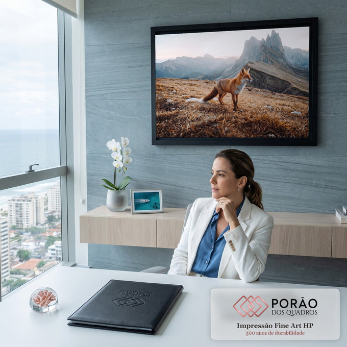 Raposa vermelha em campo de grama seca com picos rochosos das montanhas ao fundo, quadro decorativo
