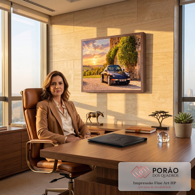 Porsche 911 clássico azul escuro diante de casa de pedra e vinhedos ao pôr do sol dourado, quadro decorativo