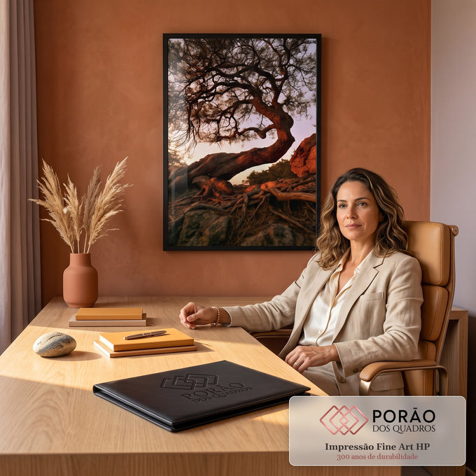 Quadro Decorativo Grande Árvore Retorcida para Sala Marrom | quadros decorativos | árvore com tronco curvo e raízes expostas sob luz dourada de entardecer | em ambiente 2 | Porao dos Quadros