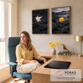 Quadro Decorativo Grande Lírio e Narciso para Sala Preto | quadros decorativos | lírio branco e narciso amarelo entre pedras vulcânicas em preto e branco com toque de cor | em ambiente 2 | Porao dos Quadros