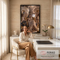 Quadro Decorativo Grande Rainha Egípcia para Sala Dourado | quadros decorativos | rainha egípcia sentada em trono dourado ao lado de uma pantera negra em templo antigo | em ambiente 2 | Porao dos Quadros
