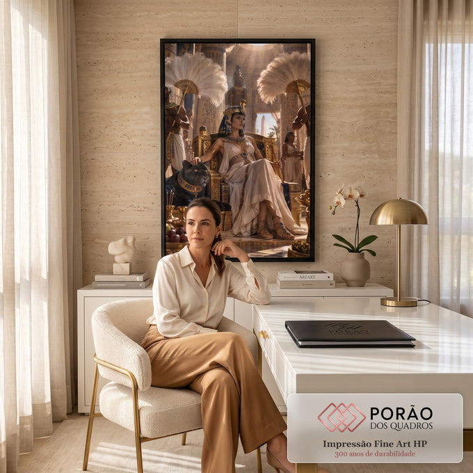Quadro Decorativo Grande Rainha Egípcia para Sala Dourado | quadros decorativos | rainha egípcia sentada em trono dourado ao lado de uma pantera negra em templo antigo | em ambiente 2 | Porao dos Quadros