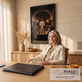 Quadro Decorativo Grande Última Ceia Marrom para Sala | quadros decorativos | Jesus partindo o pão diante de doze apóstolos em sala de pedra iluminada por velas | em ambiente 2 | Porao dos Quadros
