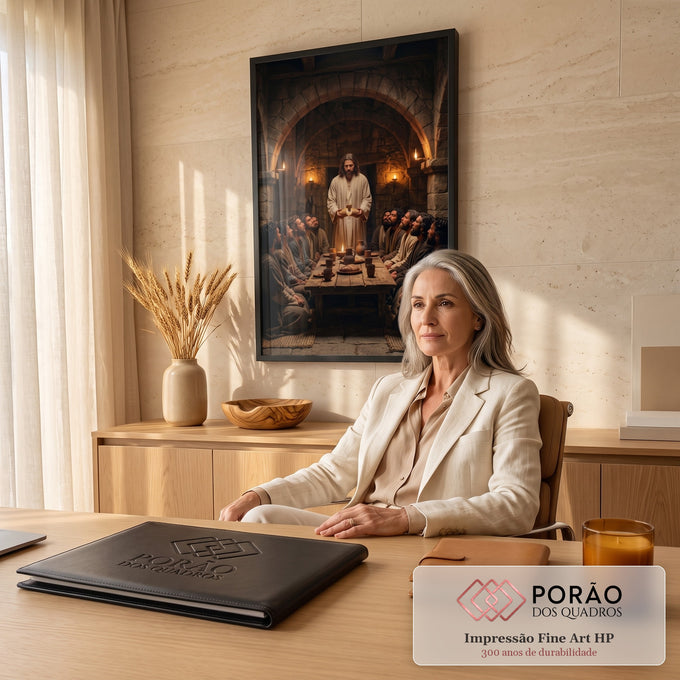 Quadro Decorativo Grande Última Ceia Marrom para Sala | quadros decorativos | Jesus partindo o pão diante de doze apóstolos em sala de pedra iluminada por velas | em ambiente 2 | Porao dos Quadros