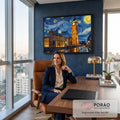 Quadro Decorativo Grande Big Ben para Sala Azul | quadros decorativos | Big Ben e Parlamento de Londres em dourado sob céu estrelado azul estilo Van Gogh | em ambiente 2 | Porao dos Quadros