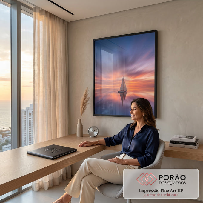 Quadro Decorativo Grande Veleiro ao Pôr do Sol para Sala | quadros decorativos | veleiro branco solitário em água espelhada sob céu de pôr do sol laranja e azul | em ambiente 2 | Porao dos Quadros