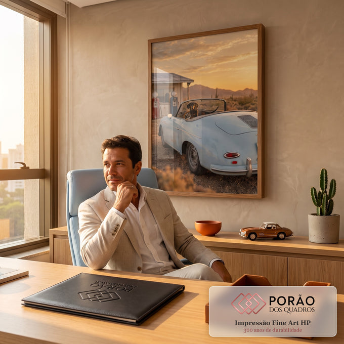 Porsche 356 azul claro com cachorro salsicha em posto antigo no pôr do sol do deserto, quadro decorativo