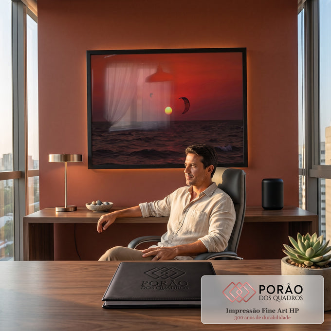 Quadro Decorativo Grande Pôr do Sol Kitesurf para Sala | quadros decorativos para sala | pôr do sol vermelho com pipas de kitesurf silhuetadas sobre mar escuro | em Quadros para Sala | Porao dos Quadros