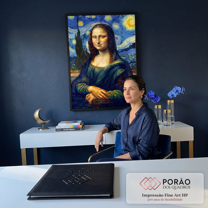 Mona Lisa pintada no estilo Van Gogh com céu estrelado azul, lua amarela e cipreste, quadro decorativo
