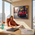 Quadro Decorativo Grande Carro Aerofólio para Sala Vermelho | quadros decorativos | carro esportivo vermelho com aerofólio preto em rua de tijolos | em ambiente 2 | Porao dos Quadros