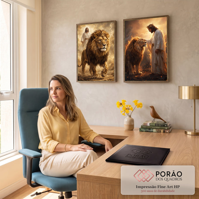 Quadro Decorativo Kit 2 Telas Leão Coroado para Sala Dourado | quadros decorativos | leão coroado e figura de Jesus em cenário dourado e chamas | em ambiente 2 | Porao dos Quadros