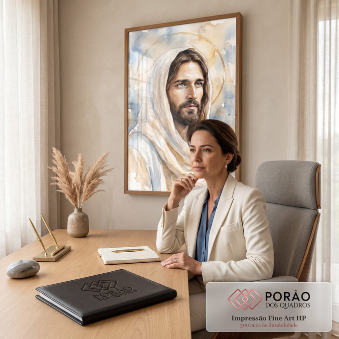 Quadro Decorativo Grande Jesus Cristo Aquarela para Sala | quadros decorativos | retrato aquarela de Jesus Cristo com manto branco e auréola dourada | em ambiente 2 | Porao dos Quadros
