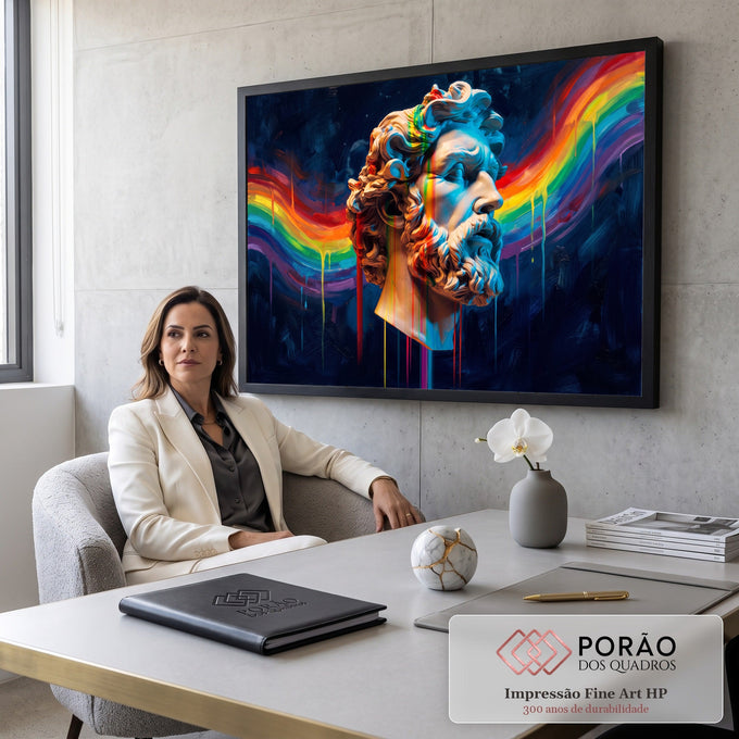 Busto grego de Zeus com tinta arco-íris escorrendo sobre fundo azul-marinho pincelado, quadro decorativo