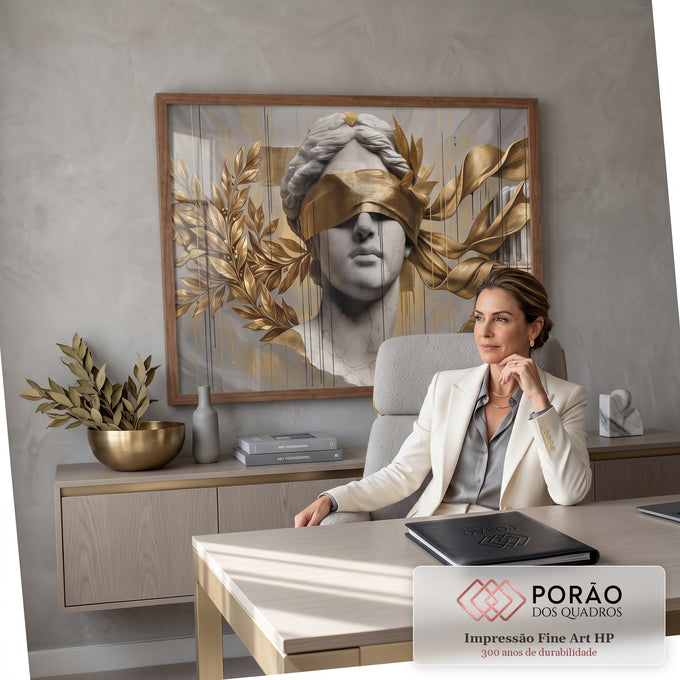 Busto grego de mármore com venda dourada, folhas de louro e coluna clássica em fundo cinza, quadro decorativo