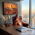 Quadro Decorativo Grande Folha com Gotas de Chuva para Sala | quadros decorativos | folha de carvalho com gotas de água e torre ao fundo em pôr do sol alaranjado | em ambiente 2 | Porao dos Quadros