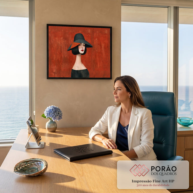 Ilustração de mulher com chapéu de aba larga, cabelo chanel e batom vermelho em fundo terracota, quadro decorativo