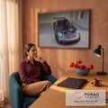 Quadro Decorativo Grande Pantera Carro Esportivo para Sala | quadros decorativos | pantera negra sentada sobre capô de carro esportivo cinza com faróis verdes | em ambiente 2 | Porao dos Quadros