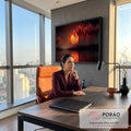 Quadro Decorativo Grande Pôr do Sol Floresta para Sala | quadros decorativos | pôr do sol amarelo atrás de pinheiros vermelhos refletidos na água escura | em ambiente 2 | Porao dos Quadros