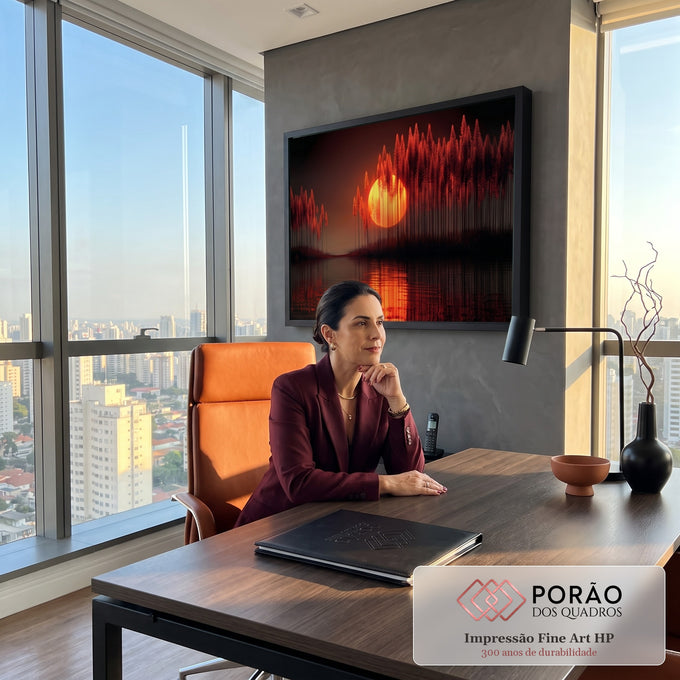 Quadro Decorativo Grande Pôr do Sol Floresta para Sala | quadros decorativos | pôr do sol amarelo atrás de pinheiros vermelhos refletidos na água escura | em ambiente 2 | Porao dos Quadros