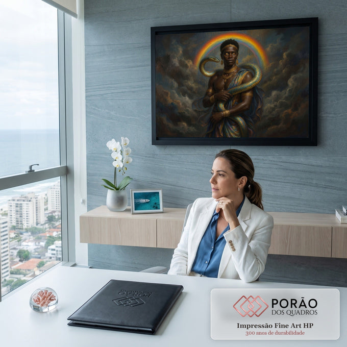 Quadro Decorativo Grande Homem com Serpente para Sala | quadros decorativos | homem com olhos dourados e serpente enrolada nos braços sob arco-íris | em ambiente 2 | Porao dos Quadros