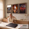 Quadro Decorativo Kit 3 Telas Cavalo Branco para Sala | quadros decorativos | cavalo branco correndo, arco de pedra com sol e montanha vermelha nevada | em ambiente 2 | Porao dos Quadros