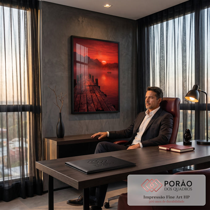 Píer de madeira em lago enevoado com barco e sol vermelho entre montanhas, quadro decorativo