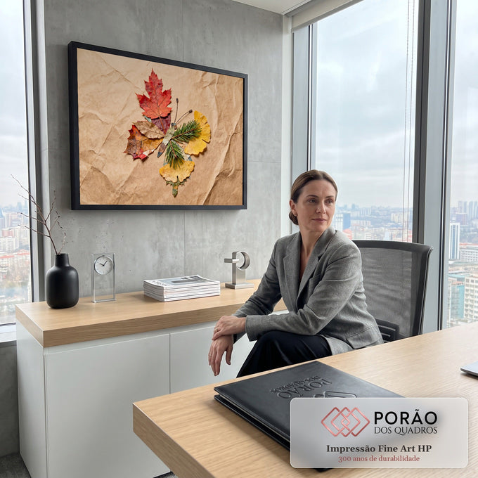 Borboleta montada com folha de bordo vermelha, ginkgo amarelo e pinheiro sobre papel kraft, quadro decorativo
