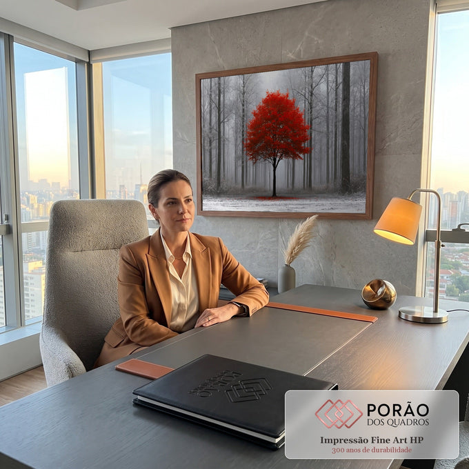 Árvore de folhas vermelhas no centro de uma floresta cinza com neblina e chão nevado, quadro decorativo