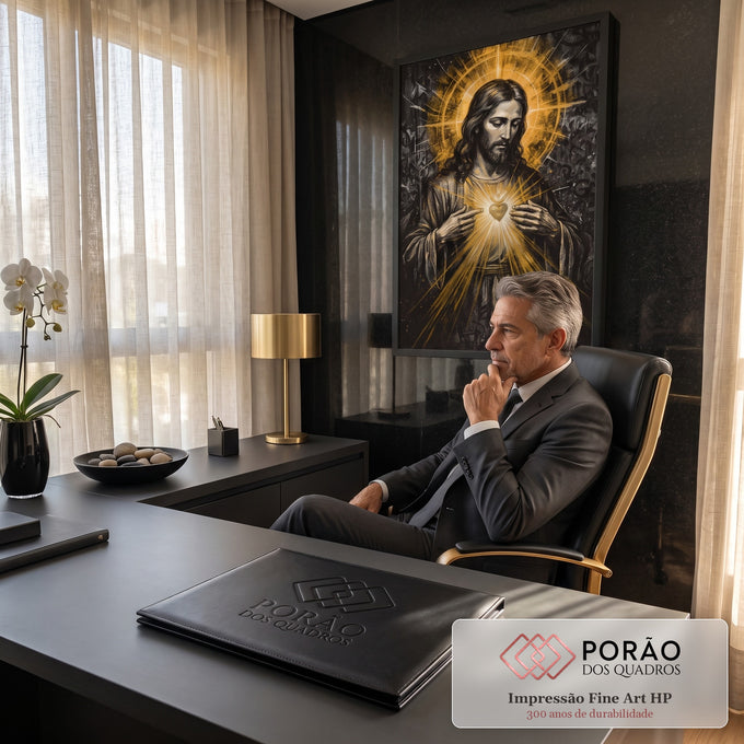 Quadro Decorativo Grande Sagrado Coração Auréola para Sala | quadros decorativos | Jesus Cristo apontando para coração flamejante dourado sobre fundo preto texturizado | em ambiente 2 | Porao dos Quadros
