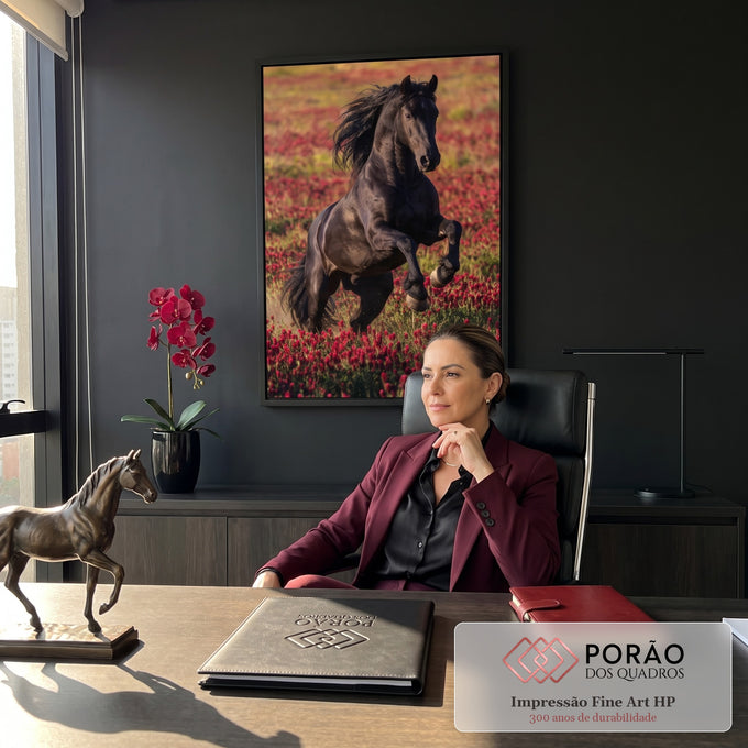 Quadro Decorativo Cavalo Negro em Campo de Flores Vermelhas | quadros decorativos | cavalo preto empinado em campo de flores vermelhas com crina ao vento | em ambiente 2 | Porao dos Quadros