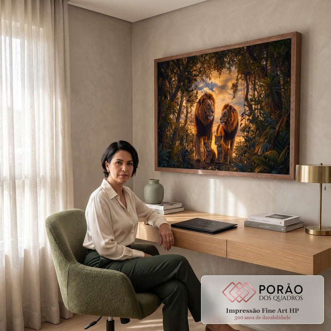 Quadro Decorativo Grande Família de Leões Floresta para Sala | quadros decorativos | dois leões adultos e dois filhotes em floresta ao entardecer | em ambiente 2 | Porao dos Quadros