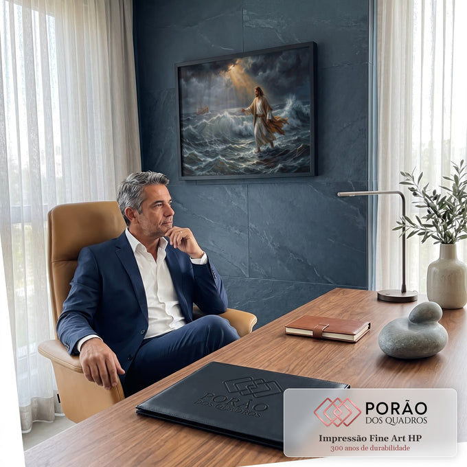Quadro Decorativo Grande Jesus Caminhando para Sala Azul | quadros decorativos | Jesus caminhando sobre o mar agitado com raio de luz dourada no céu tempestuoso | em ambiente 2 | Porao dos Quadros
