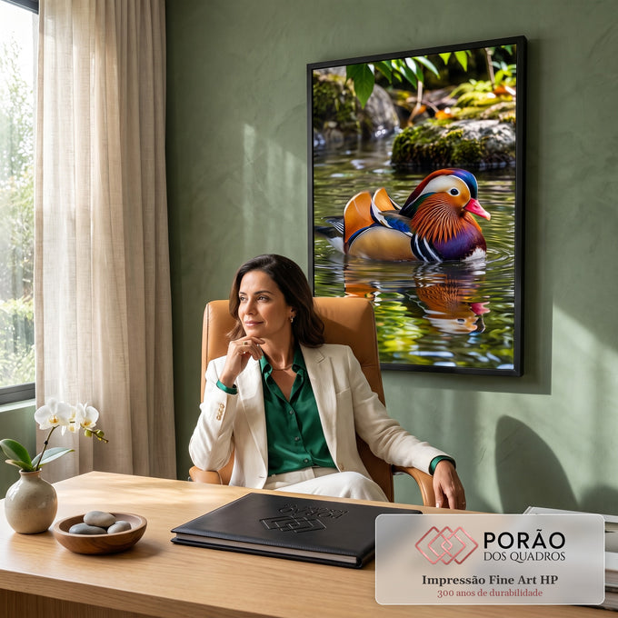 Pato mandarim de plumagem laranja e azul nadando em lagoa verde com reflexo na água, quadro decorativo