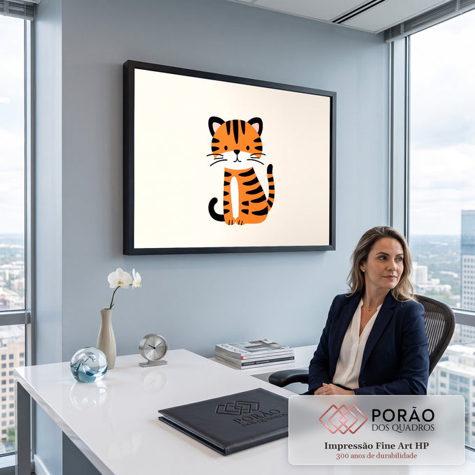 Quadro Decorativo Grande Tigrinho para Quarto de Bebê | quadros decorativos | filhote de tigre cartoon sentado com listras laranja e pretas sobre fundo bege | em ambiente 2 | Porao dos Quadros