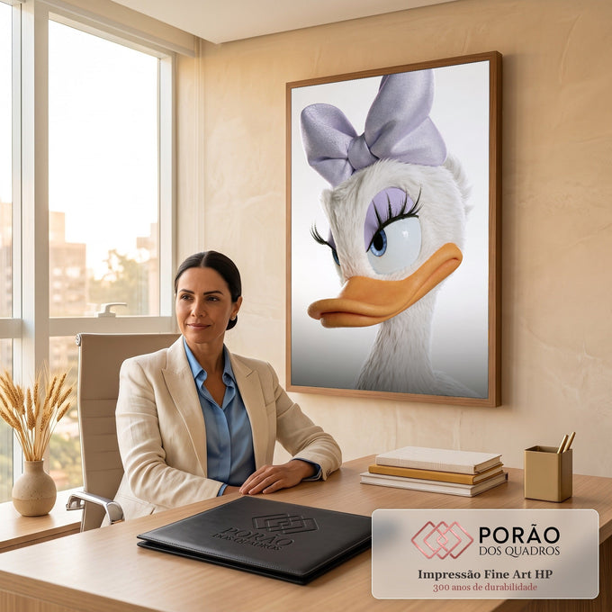 Pata branca em arte digital 3D com laço lilás, cílios longos, olhos azuis e bico laranja, quadro decorativo