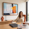 Quadro Decorativo Grande Formas Geometrico para Sala Laranja | quadros decorativos | blocos geométricos laranja, branco e preto formando estrutura abstrata sobre céu azul | em ambiente 2 | Porao dos Quadros