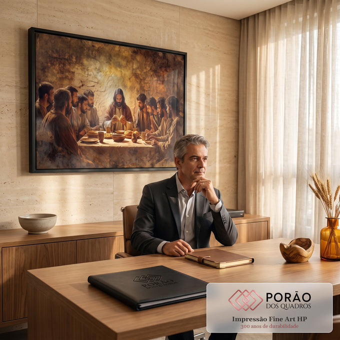 Quadro Decorativo Grande Santa Ceia Jesus Cristo para Sala | quadros decorativos | Jesus partindo o pão cercado por apóstolos em mesa de pedra com luz dourada | em ambiente 2 | Porao dos Quadros