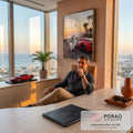 Casal abraçado ao lado de Ferrari vermelha ao pôr do sol com palmeiras e mar, quadro decorativo