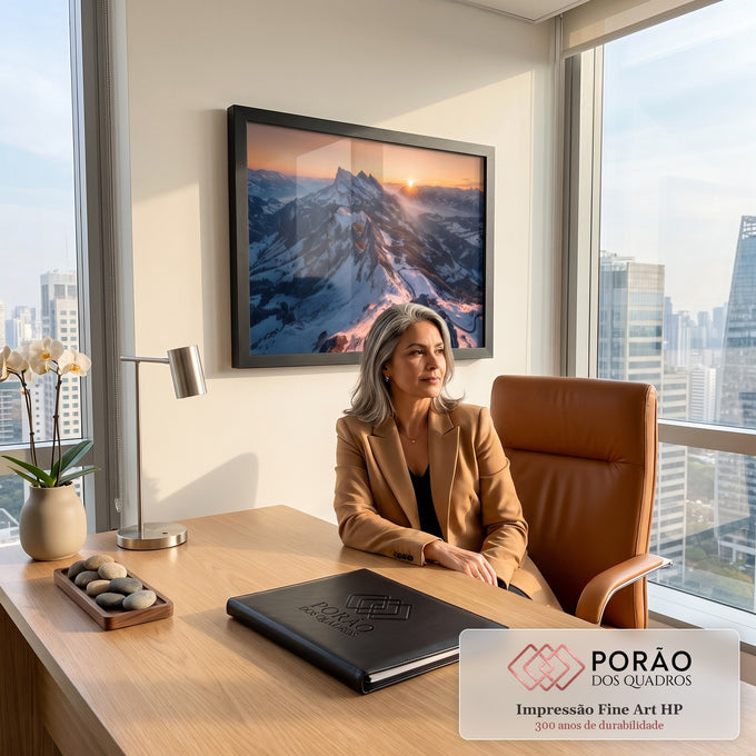 Quadro Decorativo Grande Nascer do Sol Laranja para Sala | quadros decorativos | montanhas nevadas ao amanhecer com sol dourado e raios de luz no horizonte | em ambiente 2 | Porao dos Quadros