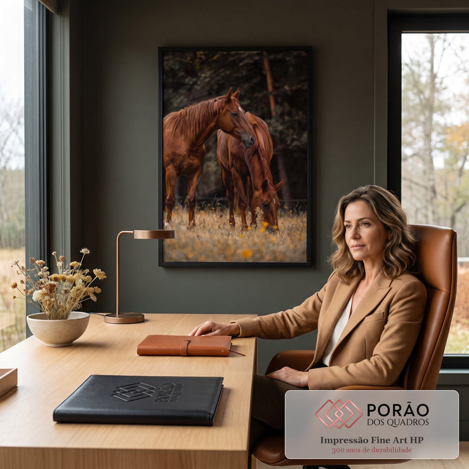 Dois cavalos alazões, um pastando, em campo de flores amarelas com floresta ao fundo, quadro decorativo