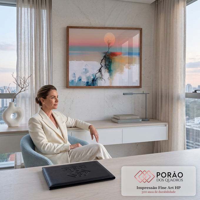 Quadro Decorativo Grande Árvore Solitária para Sala Branco | quadros decorativos | árvore seca sobre penhasco de gelo rachado com lua rosa gigante ao fundo | em ambiente 2 | Porao dos Quadros