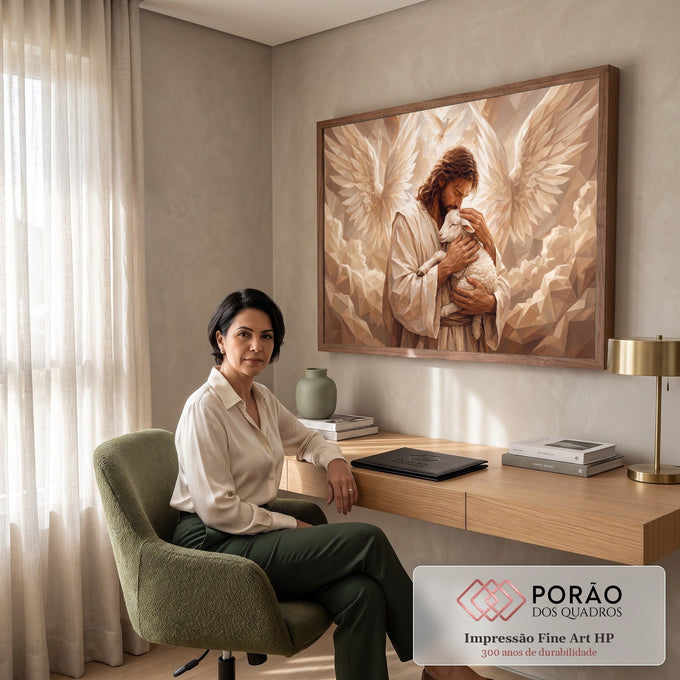 Quadro Decorativo Grande Homem com Asas para Sala Bege | quadros decorativos | homem de manto bege abraçando cordeiro branco com asas geométricas e pomba ao fundo | em ambiente 2 | Porao dos Quadros