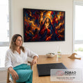 Quadro Decorativo Grande Nossa Senhora Crucifixo para Sala | quadros decorativos | Nossa Senhora em oração com Cristo crucificado ao fundo em cores vibrantes | em ambiente 2 | Porao dos Quadros
