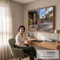 Quadro Decorativo Grande Mulher Vermelho para Sala | quadros decorativos | mulher de vestido bordô caminhando em avenida de palmeiras com carro vermelho ao fundo | em ambiente 2 | Porao dos Quadros