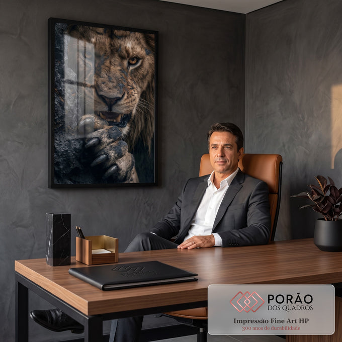 Quadro Decorativo Grande Leão com Olhar para Sala Marrom | quadros decorativos | close de leão com olhos âmbar e pata com garras sobre rocha escura | em ambiente 2 | Porao dos Quadros
