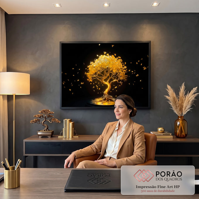 Quadro Decorativo Grande Árvore Dourada Natureza para Sala | quadros decorativos | árvore dourada brilhante com folhas flutuantes sobre fundo preto | em ambiente 2 | Porao dos Quadros