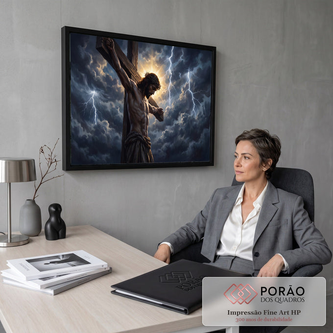 Quadro Decorativo Grande Jesus Crucificação para Sala Preto | quadros decorativos | Jesus crucificado com coroa de espinhos sob céu tempestuoso com raios e luz dourada | em ambiente 2 | Porao dos Quadros